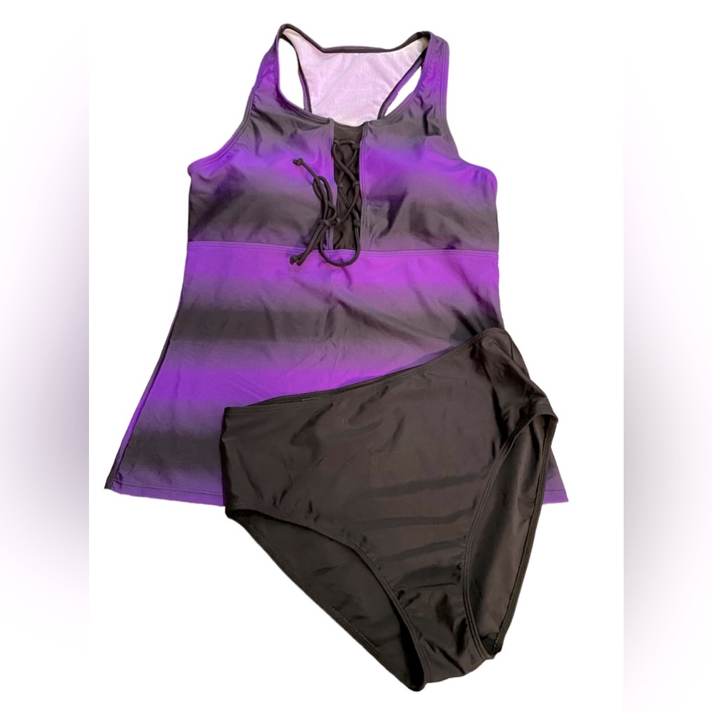 Purple & black ombré racerback modest tankini swimwear set size medium NWT